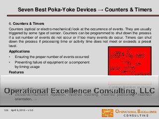 106 April 9, 2016 – v 5.0
6. Counters & Timers
Counters (optical or electro-mechanical) look at the occurrence of events. They are usually
triggered by some type of sensor. Counters can be programmed to shut down the process
if a set number of events do not occur or if too many events do occur. Timers can shut
down the process if processing time or activity time does not meet or exceeds a preset
level.
Applications
• Ensuring the proper number of events occurred
• Preventing failure of equipment or a component
by timing usage
Features
• Flexible - Easy to use - Easy for people to understand
Human Error Prevention
• excessive/insufficient repetition, incorrect counting, incorrect positioning, incorrect
orientation, …
Seven Best Poka-Yoke Devices → Counters & Timers
Correct Number of Holes
 