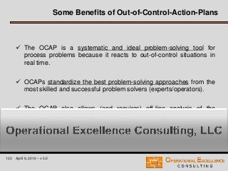 123 April 9, 2016 – v 5.0
 The OCAP is a systematic and ideal problem-solving tool for
process problems because it reacts to out-of-control situations in
real time.
 OCAPs standardize the best problem-solving approaches from the
most skilled and successful problem solvers (experts/operators).
 The OCAP also allows (and requires) off-line analysis of the
terminators to continually improve OCAP efficiency.
Some Benefits of Out-of-Control-Action-Plans
 