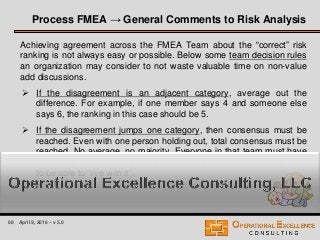 68 April 9, 2016 – v 5.0
Process FMEA → General Comments to Risk Analysis
Achieving agreement across the FMEA Team about the “correct” risk
ranking is not always easy or possible. Below some team decision rules
an organization may consider to not waste valuable time on non-value
add discussions.
 If the disagreement is an adjacent category, average out the
difference. For example, if one member says 4 and someone else
says 6, the ranking in this case should be 5.
 If the disagreement jumps one category, then consensus must be
reached. Even with one person holding out, total consensus must be
reached. No average, no majority. Everyone in that team must have
ownership of the ranking. They may not agree 100 %, but they need
to be able to “live with it”.
 