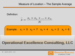 39 April 9, 2016 – v3.0
Example: x1 = 5 x2 = 7 x3 = 4 x4 = 2 x5 = 6
Measure of Location – The Sample Average
Definition:
N
xxx
x N

...21
8.4
5
24
5
62475


x
 