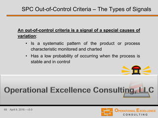 68 April 9, 2016 – v3.0
An out-of-control criteria is a signal of a special causes of
variation:
• Is a systematic pattern of the product or process
characteristic monitored and charted
• Has a low probability of occurring when the process is
stable and in control
SPC Out-of-Control Criteria – The Types of Signals
 