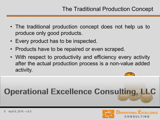 8 April 9, 2016 – v3.0
• The traditional production concept does not help us to
produce only good products.
• Every product has to be inspected.
• Products have to be repaired or even scraped.
• With respect to productivity and efficiency every activity
after the actual production process is a non-value added
activity.
The Traditional Production Concept
 