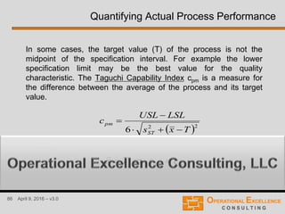 86 April 9, 2016 – v3.0
Quantifying Actual Process Performance
In some cases, the target value (T) of the process is not the
midpoint of the specification interval. For example the lower
specification limit may be the best value for the quality
characteristic. The Taguchi Capability Index cpm is a measure for
the difference between the average of the process and its target
value.
 22
6 Txs
LSLUSL
c
ST
pm



Note, if
ppm ccTx 
 