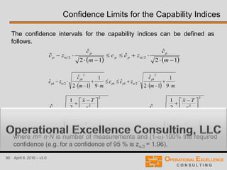90 April 9, 2016 – v3.0
Confidence Limits for the Capability Indices
The confidence intervals for the capability indices can be defined as
follows.
where m= n·N is number of measurements and (1-100% the required
confidence (e.g. for a confidence of 95 % is z/2 = 1.96).
   12
ˆ
ˆ
12
ˆ
ˆ 22




m
c
zcc
m
c
zc
p
pp
p
p 
   
2
2
2
2
2
22
2
2
2
2
2
1
2
1
ˆ
ˆ
1
2
1
ˆ
ˆ





 




 







 




 


s
Tx
s
Tx
m
c
zcc
s
Tx
s
Tx
m
c
zc
pm
pmpm
pm
pm 
    mm
c
zcc
mm
c
zc
pk
pkpk
pk
pk








9
1
12
ˆ
ˆ
9
1
12
ˆ
ˆ
2
2
2
2 
 