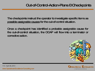 Out-of-Control-Action-Plans – Checkpoints The checkpoints instruct the operator to investigate specific items as  possible assignable causes  for the out-of-control situation. Once a checkpoint has identified a probable assignable cause for the out-of-control situation, the OCAP will flow into a terminator or corrective action. 