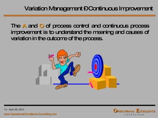 The  A   and  O  of process control and continuous process improvement is to understand the meaning and causes of variation in the outcome of the process. Variation Management – Continuous Improvement 