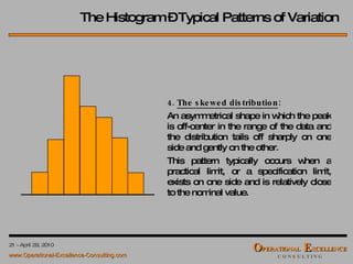 4.  The skewed distribution : An asymmetrical shape in which the peak is off-center in the range of the data and the distribution tails off sharply on one side and gently on the other. This pattern typically occurs when a practical limit, or a specification limit, exists on one side and is relatively close to the nominal value. The Histogram – Typical Patterns of Variation 