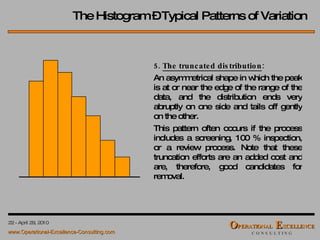 5.  The truncated distribution : An asymmetrical shape in which the peak is at or near the edge of the range of the data, and the distribution ends very abruptly on one side and tails off gently on the other. This pattern often occurs if the process includes a screening, 100 % inspection, or a review process. Note that these truncation efforts are an added cost and are, therefore, good candidates for removal.  The Histogram – Typical Patterns of Variation 