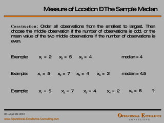 Measure of Location – The Sample Median Example:  1   =  2 2   =  5 3   =  4 Construction : Order all observations from the smallest to largest. Then choose the middle observation if the number of observations is odd, or the mean value of the two middle observations if the number of observations is even.  Example:  1   =  5 2   =  7 3   =  4 4   =  2 Example:  1   =  5 2   =  7 3   =  4 4   =  2 5   =  6 median = 4 median = 4.5 ? 