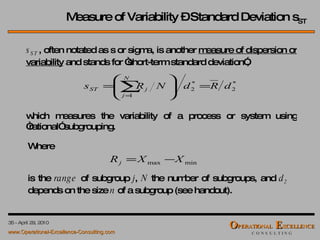 s ST  , often notated as s or sigma, is another  measure of dispersion or variability  and stands for “short-term standard deviation”, which measures the variability of a process or system using “rational” subgrouping. Measure of Variability – Standard Deviation s ST Where is the  range  of subgroup  j ,  N  the number of subgroups, and  d 2  depends on the size  n  of a subgroup (see handout). 