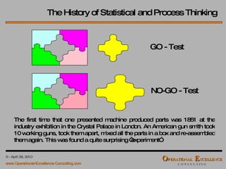 The History of Statistical and Process Thinking GO - Test NO-GO - Test The first time that one presented machine produced parts was 1851 at the industry exhibition in the Crystal Palace in London. An American gun smith took 10 working guns, took them apart, mixed all the parts in a box and re-assembled them again. This was found a quite surprising “experiment”. 