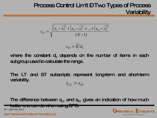 Process Control Limit – Two Types of Process Variability where the constant d 2  depends on the number of items in each subgroup used to calculate the range. The LT and ST subscripts represent long-term and short-term variability. The difference between s LT  and s ST  gives an indication of how much better one can do when using SPC. 