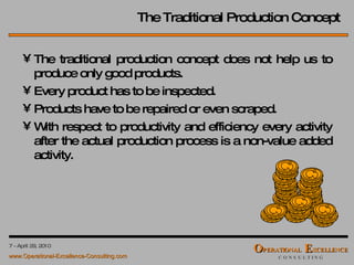 The Traditional Production Concept The traditional production concept does not help us to produce only good products. Every product has to be inspected. Products have to be repaired or even scraped. With respect to productivity and efficiency every activity after the actual production process is a non-value added activity. 