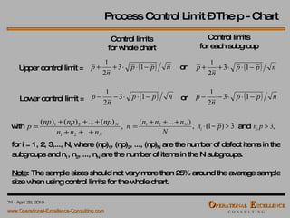 Process Control Limit – The p - Chart Lower control limit = Upper control limit =  for i = 1, 2, 3,..., N, where (np) 1 , (np) 2 , ..., (np) N  are the number of defect items in the subgroups and n 1 , n 2 , ..., n N  are the number of items in the N subgroups. Note : The sample sizes should not vary more than 25% around the average sample size when using control limits for the whole chart. with  and  or  or  Control limits for whole chart Control limits for each subgroup 
