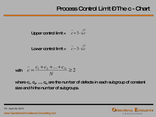 Process Control Limit – The c - Chart Lower control limit = Upper control limit =  with  where c 1 , c 2 , ..., c N  are the number of defects in each subgroup of constant size and N the number of subgroups. 