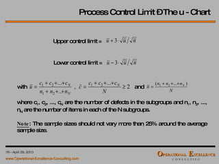 Process Control Limit – The u - Chart Lower control limit = Upper control limit =  with  and  where c 1 , c 2 , ..., c N  are the number of defects in the subgroups and n 1 , n 2 , ..., n N  are the number of items in each of the N subgroups. Note : The sample sizes should not vary more than 25% around the average sample size. 