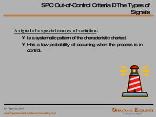 SPC Out-of-Control Criteria – The Types of Signals A signal of a special causes of variation : Is a systematic pattern of the characteristic charted.  Has a low probability of occurring when the process is in control. 