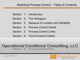 111 April 9, 2016 – v4.0
Section 1: Introduction
Section 2: The Histogram
Section 3: Measure of Location and Variability
Section 4: Process Control Charts
Section 5: Process Control Limits
Section 6: Out-of-Control Criteria
Section 7: Sample Size and Frequency
Section 8: Out-of-Control Action Plan
Section 9: Process Control Plan
Statistical Process Control – Table of Contents
 
