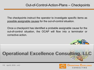 115 April 9, 2016 – v4.0
The checkpoints instruct the operator to investigate specific items as
possible assignable causes for the out-of-control situation.
Once a checkpoint has identified a probable assignable cause for the
out-of-control situation, the OCAP will flow into a terminator or
corrective action.
Out-of-Control-Action-Plans – Checkpoints
 