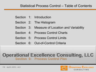 119 April 9, 2016 – v4.0
Section 1: Introduction
Section 2: The Histogram
Section 3: Measure of Location and Variability
Section 4: Process Control Charts
Section 5: Process Control Limits
Section 6: Out-of-Control Criteria
Section 7: Sample Size and Frequency
Section 8: Out-of-Control Action Plan
Section 9: Process Control Plan
Statistical Process Control – Table of Contents
 
