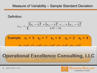 34 April 9, 2016 – v4.0
Example: x1 = 5 x2 = 7 x3 = 4 x4 = 2 x5 = 6
Measure of Variability – Sample Standard Deviation
     
)1(
...
22
2
2
1



N
xxxxxx
s N
LT
Definition:
          7.3
)15(
8.468.428.448.478.45
22222
2



LTs
92.17.3 LTs
 