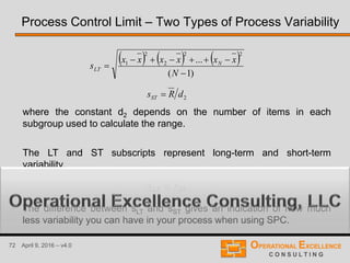 72 April 9, 2016 – v4.0
where the constant d2 depends on the number of items in each
subgroup used to calculate the range.
The LT and ST subscripts represent long-term and short-term
variability.
The difference between sLT and sST gives an indication of how much
less variability you can have in your process when using SPC.
     
)1(
...
22
2
2
1



N
xxxxxx
s N
LT
2dRsST 
STLT ss 
Process Control Limit – Two Types of Process Variability
 