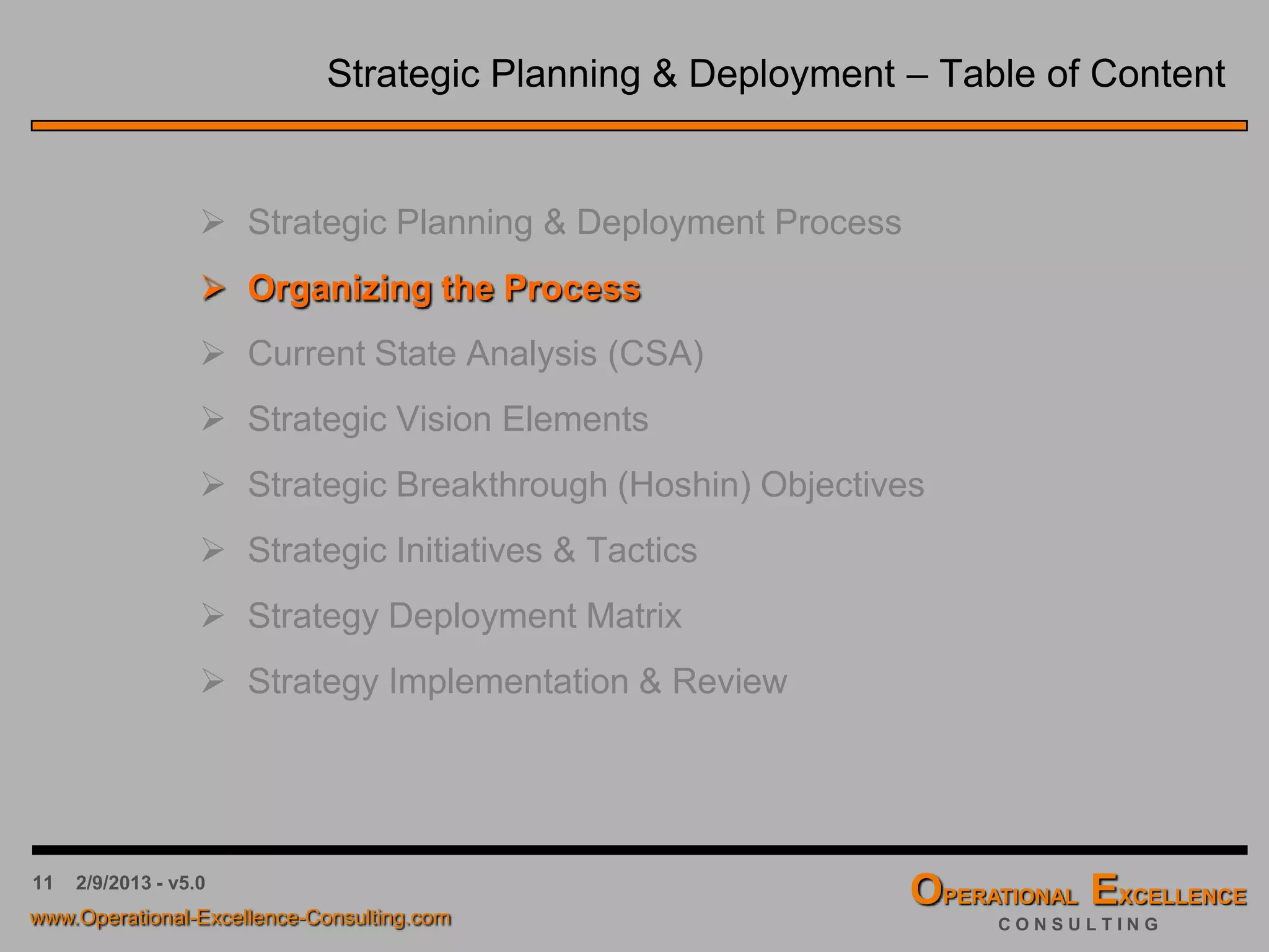 11 4/9/2016 - v6.0
Strategic Planning & Deployment – Table of Content
 Strategic Planning & Deployment Process
 Organizing the Process
 Current State Analysis (CSA)
 Strategic Vision Elements
 Strategic Breakthrough Objectives
 Strategic Initiatives & Tactics
 Strategy Deployment Matrix
 Strategy Implementation & Review
 