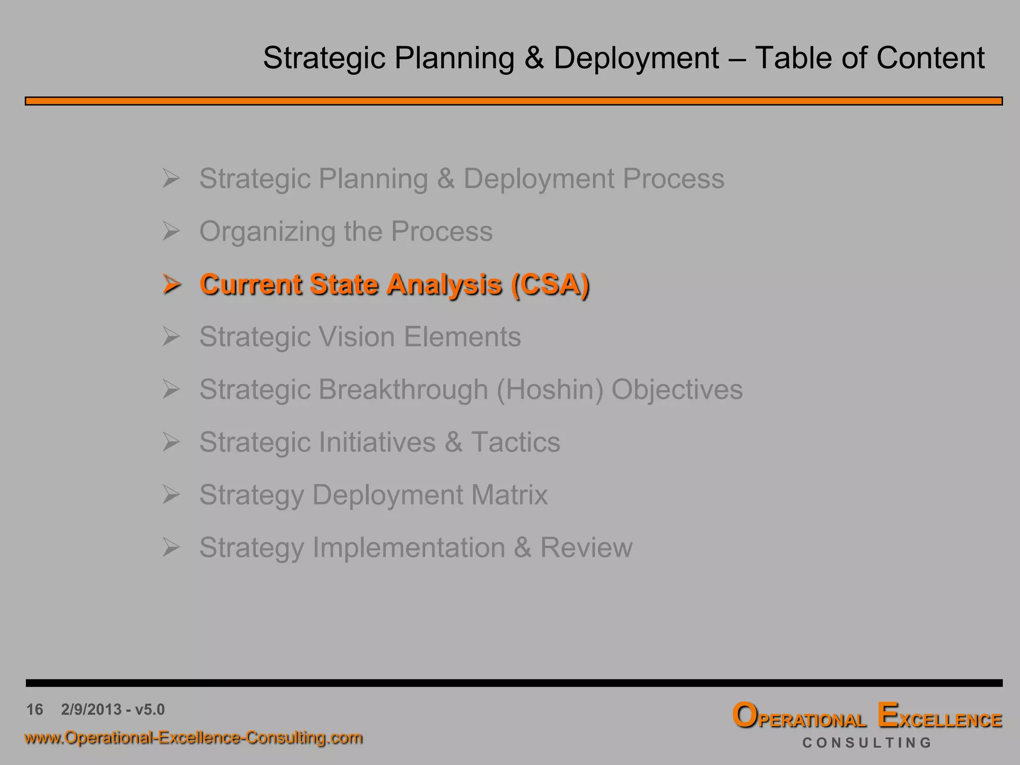 16 4/9/2016 - v6.0
Organizing the Process – Summary
Inputs:
• Vision (if available)
• Mission (if available)
• Last Year’s Strategic Plan (if
available)
• …
Activities:
• Define Scope
• Define Planning Horizon
• Define Resource
Requirements
• Define Terminology
• …
Outputs:
• Strategy Process
Owner
• Strategy Process
Facilitator
• Strategic Planning
Terminology
• High-Level Planning
Process Timelines
• Strategy Development
Team Members
• ...
Strategic Planning -
Organizing the Process
 