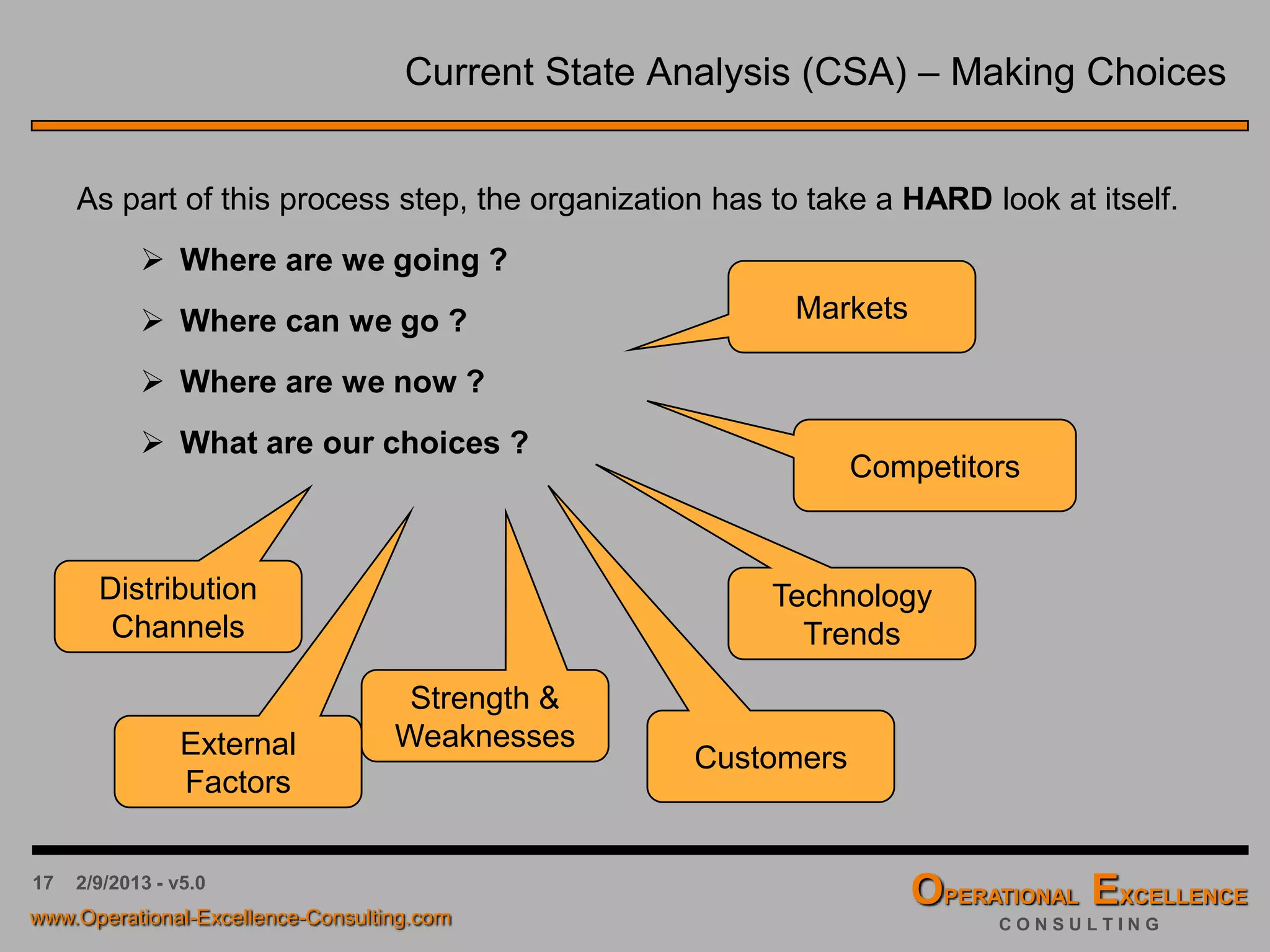 17 4/9/2016 - v6.0
Strategic Planning & Deployment – Table of Content
 Strategic Planning & Deployment Process
 Organizing the Process
 Current State Analysis (CSA)
 Strategic Vision Elements
 Strategic Breakthrough Objectives
 Strategic Initiatives & Tactics
 Strategy Deployment Matrix
 Strategy Implementation & Review
 