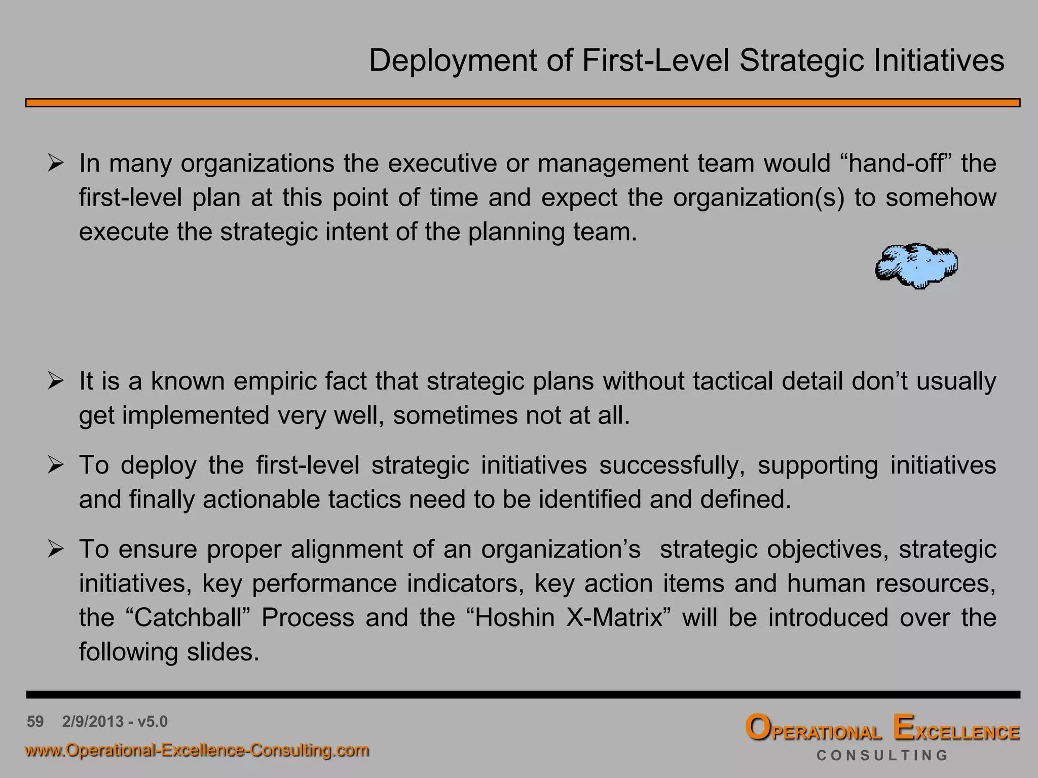 59 4/9/2016 - v6.0
First-Level Strategic Initiatives
Strategic Goal
Become the Price Leader
Strategic Objective
Improve Operational
Efficiency
Metrics
Total Costs per Unit
Goal
< $15
Metrics
Productivity
Goal
> 15 Units per DL Manhour
Strategic Initiatives
Implement Cost Reduction Programs
Establish Lean Six Sigma Training Program
Develop & Implement company-wide
Database on Operational Performance
Make – Buy Analysis for Forward Logistics,
Reverse Logistics and Customer Service
Reduce Bill of Material Costs
Create Cost Management Competence
Development Plan for all Management Teams
Often, there will be dependencies among the different strategic
initiatives, means, some might need to be completed before others
can be initiated. It is useful to lay out these dependencies on a
timeline.
IIIII III
IIIII I
III
IIIII III
IIIII
II
 