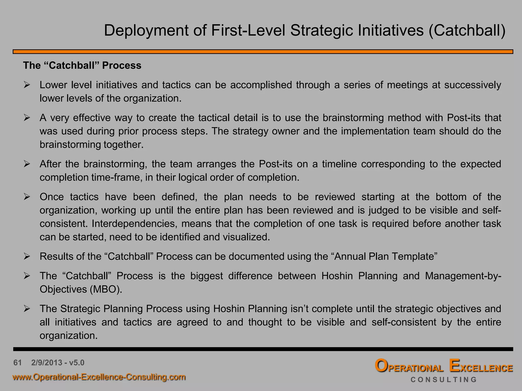 61 4/9/2016 - v6.0
Deployment of First-Level Strategic Initiatives
 In many organizations the executive or management team would “hand-off” the
first-level plan at this point of time and expect the organization(s) to somehow
execute the strategic intent of the planning team.
 It is a known empiric fact that strategic plans without tactical detail don’t usually
get implemented very well, sometimes not at all.
 To deploy the first-level strategic initiatives successfully, supporting initiatives
and finally actionable tactics need to be identified and defined.
 To ensure proper alignment of an organization’s strategic objectives, strategic
initiatives, key performance indicators, key action items and human resources,
the “Catchball” Process and the “Hoshin X-Matrix” will be introduced over the
following slides.
 