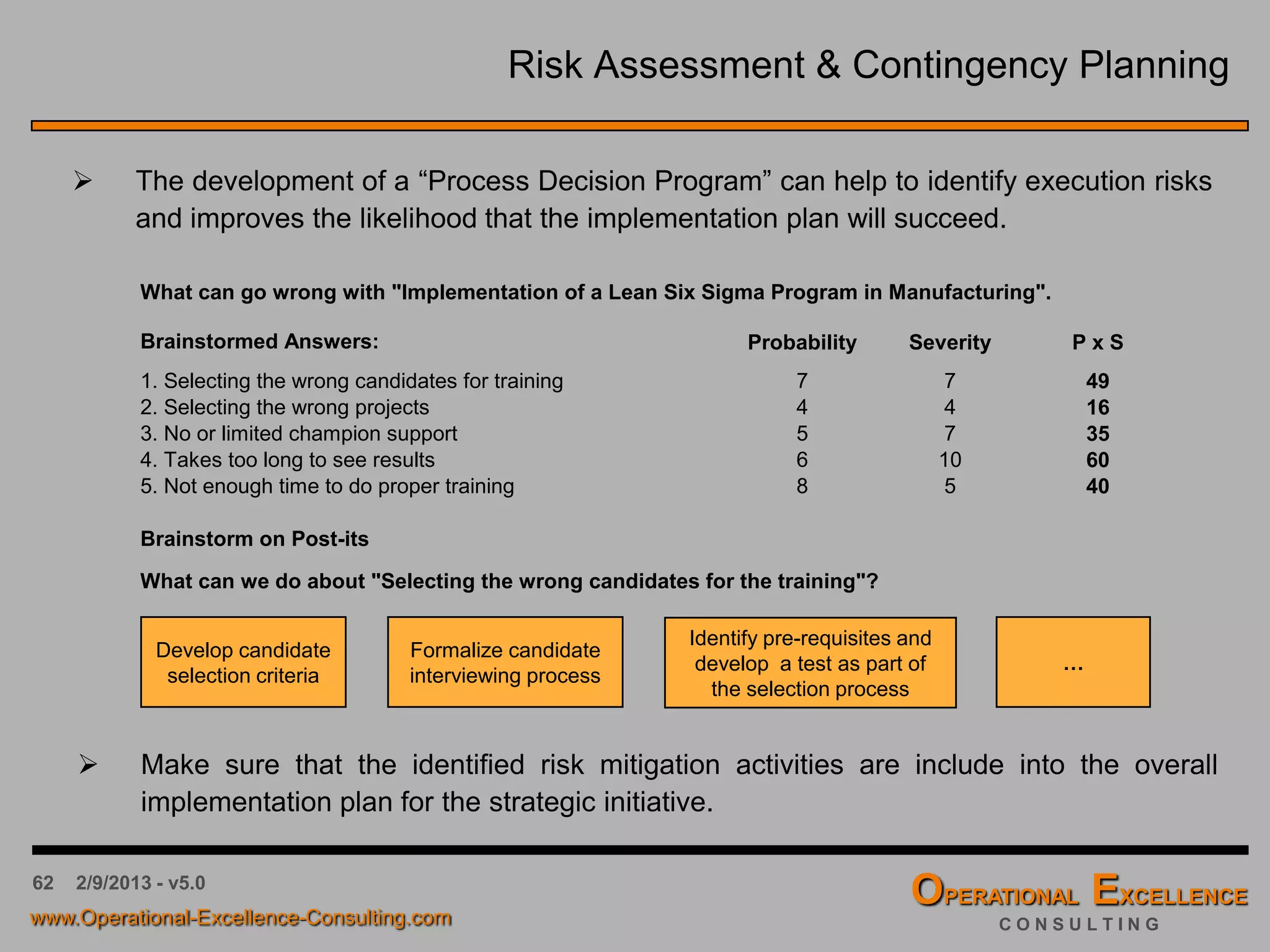 62 4/9/2016 - v6.0
Strategic Objective Strategic Initiatives Owners Measures Goals
Measure #1: …
Goal: …
Measure #2: …
Goal: …
Measure #3: …
Goal: …
Deployment of First-Level Strategic Initiatives (Catchball)
First-Level
Strategic Initiatives
Strategic Objective Strategic Initiatives Owners Measures Goals
Measure #1: …
Goal: …
Measure #2: …
Goal: …
Measure #3: …
Goal: …
Strategic Objective Strategic Initiatives Owners Measures Goals
Measure #1: …
Goal: …
Measure #2: …
Goal: …
Measure #3: …
Goal: …
Strategic Objective Strategic Initiatives Owners Measures Goals
Measure #1: …
Goal: …
Measure #2: …
Goal: …
Measure #3: …
Goal: …
Strategic Objective Strategic Initiatives Owners Measures Goals
Measure #1: …
Goal: …
Measure #2: …
Goal: …
Measure #3: …
Goal: …
Second-Level
Strategic Initiatives
or Tactics
Third-Level
Strategic Initiatives
or Tactics
…
…
 