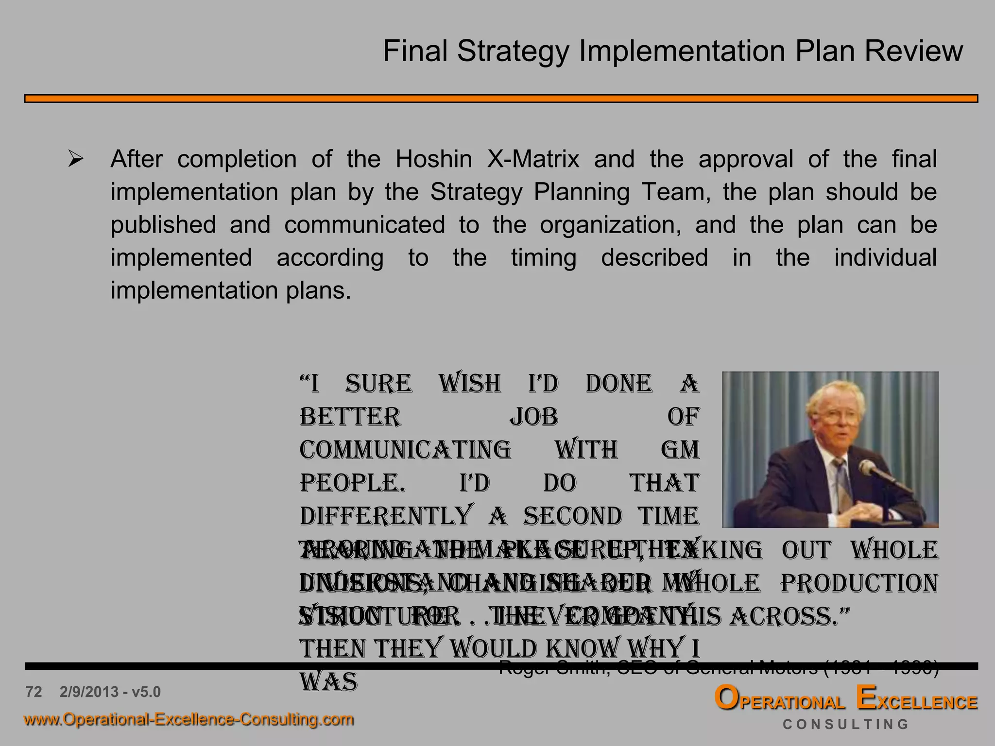 72
Balanced Scorecard – Leading & Lagging Indicators
 The other side of measurement is looking back, historical type measurements
that show a final outcome or result. These measurements are referred to as
lagging indicators and they dominate most performance measurement
systems.
 Examples include most financial type measurements (return on equity, sales
growth, etc.) and many non-financial type measurements (production
breakeven, customer retention, employee productivity index, etc.).
 Lagging type measurements are common within the “Customers” and
“Financials” dimensions since these are outcome related.
 