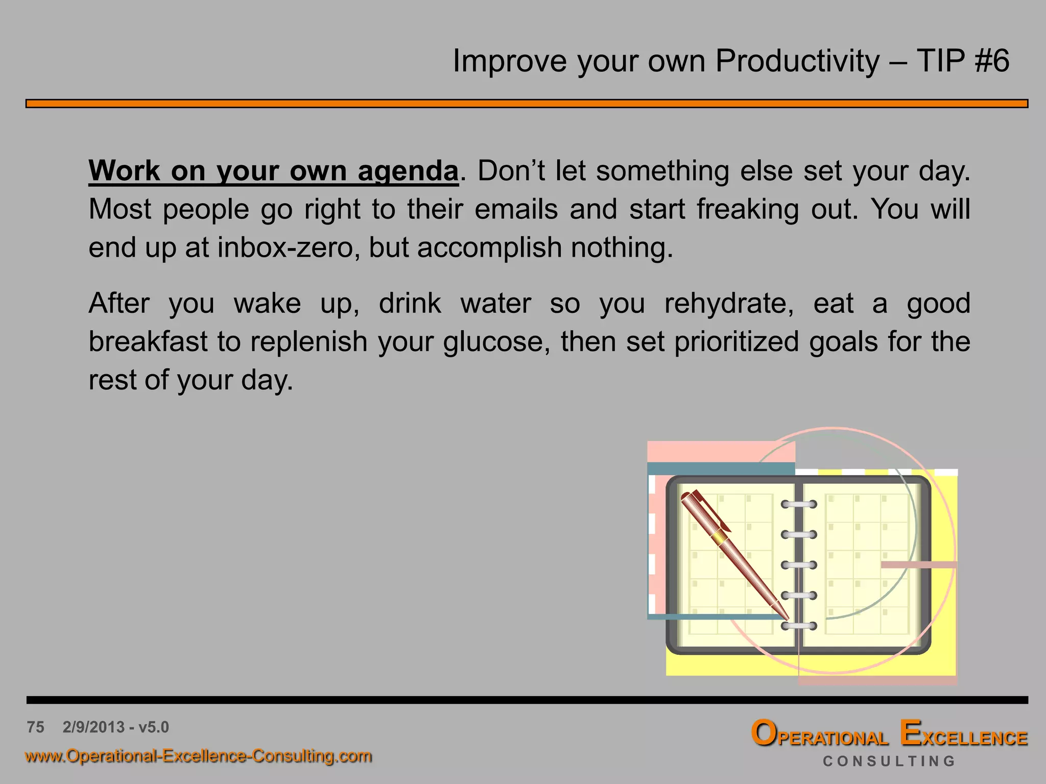 75 4/9/2016 - v6.0
The Strategy Deployment Hoshin X-Matrix
The Hoshin X-Matrix is a tool that visualizes an organization’s
 strategic objectives,
 strategic initiatives,
 key performance indicators,
 key projects & action items, and
 human resources requirements
in one simple matrix.
The Hoshin X-Matrix enables an organization to easily review the alignment of
its strategic objectives, strategic initiatives, key performance indicators, key
action items and human resources.
The Hoshin X-Matrix, if used properly, improves the likelihood of a successful
execution of the strategic plan.
7. …
x 6. Initiate RFQ Process for Cusromer Service x x
x x 5. Implement reliability program for new products x x x x
x x 4. Establish LSS Balck Belt project for return drivers x x x x
x 3. Establish & train order-to-cash process team x
x 2. Identify Lean Six Sigma consulting company x x
x 1. Define Lean Six Sigma Program x x x
QualityManager
SystemTestManager
SystemsEngineeringManager
CustomerSupportManager
…
x $15M in annualized cost savings in 2012 x x x x x
x Order-to-Cash cycle time reduction of 25% x x
x DSO reduction from 90 days to 45 days x x
x x Return Rate reduction from 15% to less than 8% x x x
…
Resource Planning
Operational Excellence Consulting Strategy Deployment Matrix 2012
3.ResolveTOP3productreturndrivers
4.Improveproductverificationandvalidation
5.OutsourceCustomerServicefunction
6.…
2.ReduceDSOfrom90daystolessthan45
days
1.ReduceOperatingCostsby15%
1.ImplementaLeanSixSigmaProgram
2.Map&streamlineorder-to-cashprocess
Rev: <Rev#> Revised: <Date> Author: <Name> Status: Draft - Not Released
4.…
3.ImproveNetPromotorScoreto+50%
Measures & Targets
Action Items
StrategicInitiatives
StrategicObjectives
Measures & Targets
Action Items
StrategicInitiatives
StrategicObjectives
 