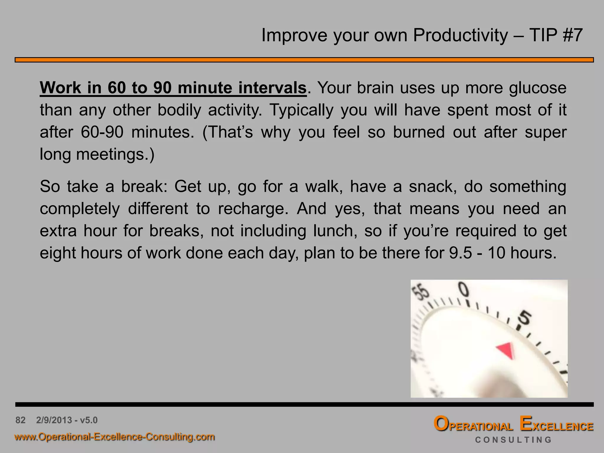 82 4/9/2016 - v6.0
The Strategy Deployment Review Process
Review Process Overview
 Reviews need to be frequent to keep the implementation process “on track”
 Reviews are the “Check” of the Plan-Do-Act-Check (PDCA) cycle
 They evaluate the effectiveness of the action
 What did you intent to accomplish (PLAN)
 What did you actually accomplish? (DO)
 How did the actual accomplishment compare with what you intended? (CHECK)
 The Review Process is a self-evaluation process, where the strategy owners come to
the meeting to present the results of their self-evaluation of results for each strategic
initiative or tactic
 Attendees are usually strategy or tactics owners and their immediate
teams
 The agenda generally allows for a 10 to 15 minutes update on a
specific strategy or tactic followed by a 5 to 10 minutes discussion
 
