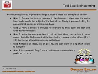 24 4/9/2016 - v6.0
Strategy Planning & Deployment – Current State Analysis
Inputs to a comprehensive Current State Analysis (CSA) include:
 Organization’s Mission and Vision (if available)
 Organization’s Values (if available)
 Current Strategic Goals and Objectives (if available)
 Actual Performance vs. Planned Performance
 Critical Success Metric Performance
 Critical Process Management and Performance
 Organizational Design – Structure and Roles
 Employee Satisfaction, Competences and Capabilities
 Customer Needs and Satisfaction
 Current Products and Services Performance
 Markets and Geographic Areas served
 Distribution Channels
 Competitor Analysis
 STEEP Factors – Social, Technological, Economic, Environmental, Political
 …
Leadership
“The Driver”
Customer
“The Focus”
“The System”
Process
Management
People
 