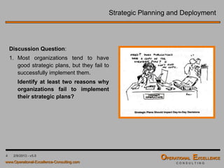 4 4/9/2016 - v6.0
Strategic Planning and Deployment
Discussion Question:
1. Most organizations tend to have
good strategic plans, but they fail to
successfully implement them.
Identify at least two reasons why
organizations fail to implement
their strategic plans?
 