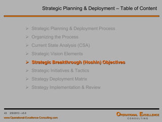 43 4/9/2016 - v6.0
Tool Box: Strategic Grid Correlation Matrix
The Strategic Grid Correlation Matrix is a tool an organization can use to assess and visualize the
correlation between its core processes & key performance indicators and the defined vision elements.
Core processes with a strong correlation to the identified vision elements need to be highlighted and if
necessary improved or reengineered to ensure long-term competitiveness.
DevelopVisionandStrategy
MarketandSellProductsandServices
DeliverProductsandServices
ManageCustomerService
DevelopandManageHumanCapital
ManageInformationTechnology
ManageFinancialResources
Acquire,Construct,andManageProperty
ManageEnvironmentalHealthandSafety(EHS)
ManageExternalRelationships
ManageKnowledge,Improvement,andChange
Financials
Customer
InternalBusinessProcesses
Learning&Growth
Vision Element #1
No Correlation
Vision Element #2
Vision Element #3
Weak Correlation
Vision Element #4
Vision Element #5
Medium Correlation
Vision Element #6
Vision Element #7
Strong Correlation
Vision Element #8
Critical Processes
To what extent do our Critical Processes support our Vision Elements?
20xx
Vision Elements
Critical Success Metrics
How well do we measure the Vision Elements?
 
