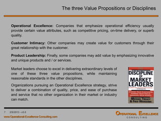 7 4/9/2016 - v6.0
The 3 Value Propositions or Disciplines
Market leaders choose to excel in delivering extraordinary levels of
one of these three value propositions, while maintaining
reasonable standards in the other disciplines.
Organizations pursuing an Operational Excellence strategy, strive
to deliver a combination of quality, price, and ease of purchase
and service that no other organization in their market or industry
can match.
Operational Excellence: Companies that emphasize operational efficiency usually
provide certain value attributes, such as competitive pricing, on-time delivery, or superb
quality.
Customer Intimacy: Other companies may create value for customers through their
great relationship with the customer.
Product Leadership: Finally, some companies may add value by emphasizing innovative
and unique products and / or services.
 