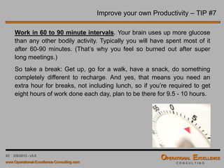 82 4/9/2016 - v6.0
The Strategy Deployment Review Process
Review Process Overview
 Reviews need to be frequent to keep the implementation process “on track”
 Reviews are the “Check” of the Plan-Do-Act-Check (PDCA) cycle
 They evaluate the effectiveness of the action
 What did you intent to accomplish (PLAN)
 What did you actually accomplish? (DO)
 How did the actual accomplishment compare with what you intended? (CHECK)
 The Review Process is a self-evaluation process, where the strategy owners come to
the meeting to present the results of their self-evaluation of results for each strategic
initiative or tactic
 Attendees are usually strategy or tactics owners and their immediate
teams
 The agenda generally allows for a 10 to 15 minutes update on a
specific strategy or tactic followed by a 5 to 10 minutes discussion
 