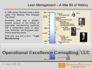 10 August 1, 2016 – v8.0
Lean Management – A little Bit of History
In 1990 James Womack wrote a book
called "The Machine That Changed
The World".
Womack's book was a straight-
forward account of the history of
automobile manufacturing combined
with a comparative study of Japa-
nese, American, and European auto-
motive assembly plants.
What was new was a term - "Lean
Manufacturing“.
 