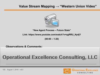 100 August 1, 2016 – v8.0
Value Stream Mapping → “Western Union Video”
Observations & Comments:
“New Agent Process – Future State”
Link: https://www.youtube.com/watch?v=zgRRU_Ny4jY
(00:00 – 1:20)
 