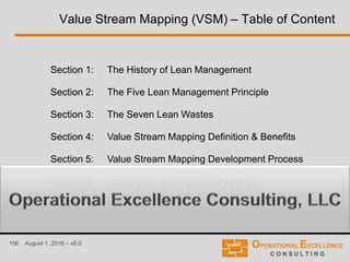 106 August 1, 2016 – v8.0
Value Stream Mapping (VSM) – Table of Content
Section 1: The History of Lean Management
Section 2: The Five Lean Management Principle
Section 3: The Seven Lean Wastes
Section 4: Value Stream Mapping Definition & Benefits
Section 5: Value Stream Mapping Development Process
Section 6: Basic Lean Management Tool Box
 