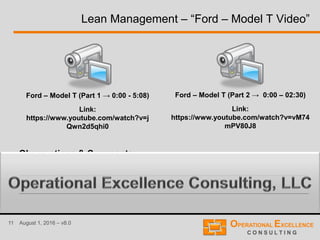 11 August 1, 2016 – v8.0
Lean Management – “Ford – Model T Video”
Observations & Comments:
Ford – Model T (Part 1 → 0:00 - 5:08)
Link:
https://www.youtube.com/watch?v=j
Qwn2d5qhi0
Ford – Model T (Part 2 → 0:00 – 02:30)
Link:
https://www.youtube.com/watch?v=vM74
mPV80J8
 