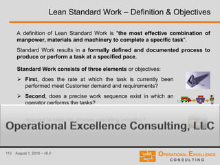 110 August 1, 2016 – v8.0
Lean Standard Work – Definition & Objectives
A definition of Lean Standard Work is "the most effective combination of
manpower, materials and machinery to complete a specific task".
Standard Work results in a formally defined and documented process to
produce or perform a task at a specified pace.
Standard Work consists of three elements or objectives:
 First, does the rate at which the task is currently been
performed meet Customer demand and requirements?
 Second, does a precise work sequence exist in which an
operator performs the tasks?
 Third, are standard work-in-process inventory levels defined
required to keep the process operating smoothly?
 