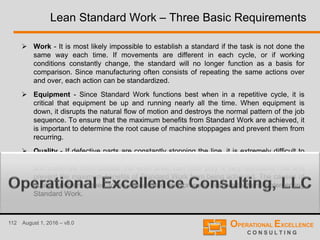 112 August 1, 2016 – v8.0
Lean Standard Work – Three Basic Requirements
 Work - It is most likely impossible to establish a standard if the task is not done the
same way each time. If movements are different in each cycle, or if working
conditions constantly change, the standard will no longer function as a basis for
comparison. Since manufacturing often consists of repeating the same actions over
and over, each action can be standardized.
 Equipment - Since Standard Work functions best when in a repetitive cycle, it is
critical that equipment be up and running nearly all the time. When equipment is
down, it disrupts the natural flow of motion and destroys the normal pattern of the job
sequence. To ensure that the maximum benefits from Standard Work are achieved, it
is important to determine the root cause of machine stoppages and prevent them from
recurring.
 Quality - If defective parts are constantly stopping the line, it is extremely difficult to
maintain a smooth repetitive job sequence. Defects created in the process, or parts
and materials from outside the work area, can both play a very disruptive role and
prevent the maximum benefits of Standard Work from being achieved. The causes of
quality problems need to be researched and properly resolved when implementing
Standard Work.
 