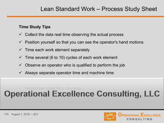 115 August 1, 2016 – v8.0
Lean Standard Work – Process Study Sheet
Time Study Tips
 Collect the data real time observing the actual process
 Position yourself so that you can see the operator's hand motions
 Time each work element separately
 Time several (6 to 10) cycles of each work element
 Observe an operator who is qualified to perform the job
 Always separate operator time and machine time
 Select the lowest repeatable time for each element
 Remember shop floor courtesy
 
