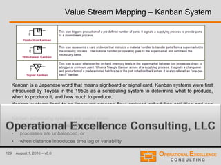 129 August 1, 2016 – v8.0
Value Stream Mapping – Kanban System
Kanban is a Japanese word that means signboard or signal card. Kanban systems were first
introduced by Toyota in the 1950s as a scheduling system to determine what to produce,
when to produce it, and how much to produce.
Kanban systems lead to an improved process flow, reduced scheduling activities and can
result in significant inventory reduction.
Kanban scheduling systems are useful when
• lot sizes differ between process steps,
• processes are unbalanced, or
• when distance introduces time lag or variability
 