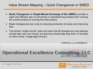 147 August 1, 2016 – v8.0
Value Stream Mapping – Quick Changeover or SMED
 Quick Changeover or Single-Minute Exchange of Die (SMED) provides a
rapid and efficient way of converting a manufacturing process from running
the current product to running the next product.
 Rapid changeovers are a key to reducing production lot sizes and improving
flow.
 The phrase "single minute" does not mean that all changeovers and startups
should take only one minute, but that they should take less than 10 minutes
(in other words, "single-digit minute").
 