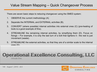 149 August 1, 2016 – v8.0
Value Stream Mapping – Quick Changeover Process
There are seven basic steps to reducing changeover using the SMED system:
1. OBSERVE the current methodology (A)
2. Separate the INTERNAL and EXTERNAL activities (B).
3. CONVERT (where possible) internal activities into external ones (C) (pre-heating of
tools is a good example of this).
4. STREAMLINE the remaining internal activities, by simplifying them (D). Focus on
fixings – For example, it is only the last turn of a bolt that tightens it - the rest is just
movement (waste).
5. STREAMLINE the external activities, so that they are of a similar scale to the internal
ones (D).
6. DOCUMENT the new procedure, and actions that are yet to be completed.
7. DO IT ALL AGAIN: For each iteration of the above process, a 25-35% improvement
in set-up times should be expected, so it may take several iterations to cross the ten
minute line.
 